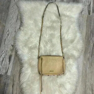 Rebecca Minkoff Avery tan textured leather gold chain crossbody strap purse bag